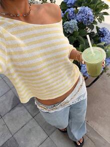 Camiseta de mujer de punto a rayas de estilo minimalista y casual, de un hombro, con efecto dopamina, adecuada para el uso diario, citas, reuniones, otoño/invierno/verano, Navidad, Año Nuevo, Acción de Gracias, fiestas, bodas, playa, ceremonias de graduación, moda, elegante, casual, salidas, citas, reservas, viajes, brillante, Día de San Valentín, vacaciones, Y2K y otras ocasiones. - Amarillo 3 - Ver 1