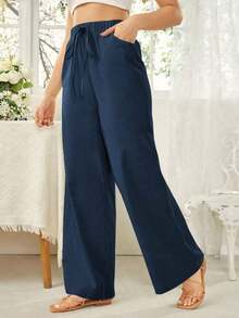 Pantalones anchos de cintura elástica anudada de unicolor para mujer - Azul marino - Ver 1