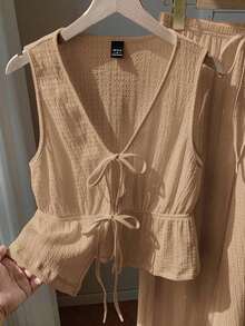 Conjunto de 2 piezas casual para mujer con top de cuello en V y pantalones en punto liso negro - Caqui - Ver 3