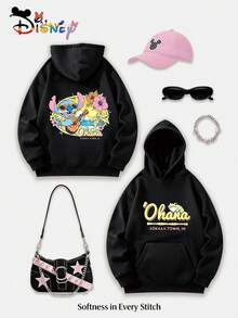 Disney Lilo & Stitch Y2K Print Sweatshirt 'Ohana' Hawaiian-Inspired Fun Print Loose Fit Top. Casual, Versatile, And A Perfect Holiday Gift Choice. (Women's Autumn/Winter Clothing/Elegant Women's Outfits/Patterned Hoodies/Printed Tops/Casual Outfits For Women/Women Trending Now/Holiday Co-Ord/Plus Size Friendly) - 黑色 - 查看 1