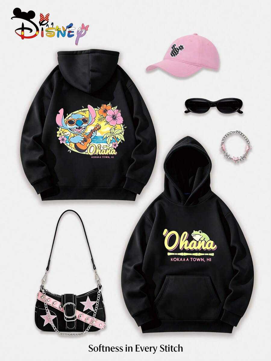Disney Lilo & Stitch Y2K Print Sweatshirt 'Ohana' Hawaiian-Inspired Fun Print Loose Fit Top. Casual, Versatile, And A Perfect Holiday Gift Choice. (Women's Autumn/Winter Clothing/Elegant Women's Outfits/Patterned Hoodies/Printed Tops/Casual Outfits For Women/Women Trending Now/Holiday Co-Ord/Plus Size Friendly) - 黑色 - 查看 1