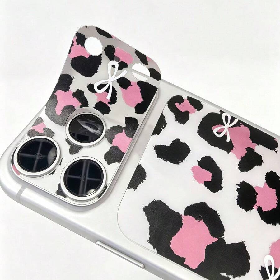 Bộ 2 món (1 bộ sticker, 1 ốp lưng điện thoại trong suốt) Hình dán camera nơ 3D in họa tiết da báo hồng đen dễ thương, tương thích với ốp lưng PET bảo vệ điện thoại Ione 17 Pro/17 Pro Mx, kèm ốp lưng acrylic chống cong vênh, bộ combo hoàn hảo, món quà tuyệt vời cho bạn thân, sự lựa chọn lý tưởng.