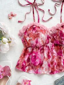 Blusa corta de gasa con estampado de flores y efecto tie-dye, adecuada para vacaciones, citas, té de la tarde, playa, cruceros, vacaciones en la ciudad, todas las estaciones, festivales de música, vacaciones bohemias - Rosa Fucsia - Ver 4