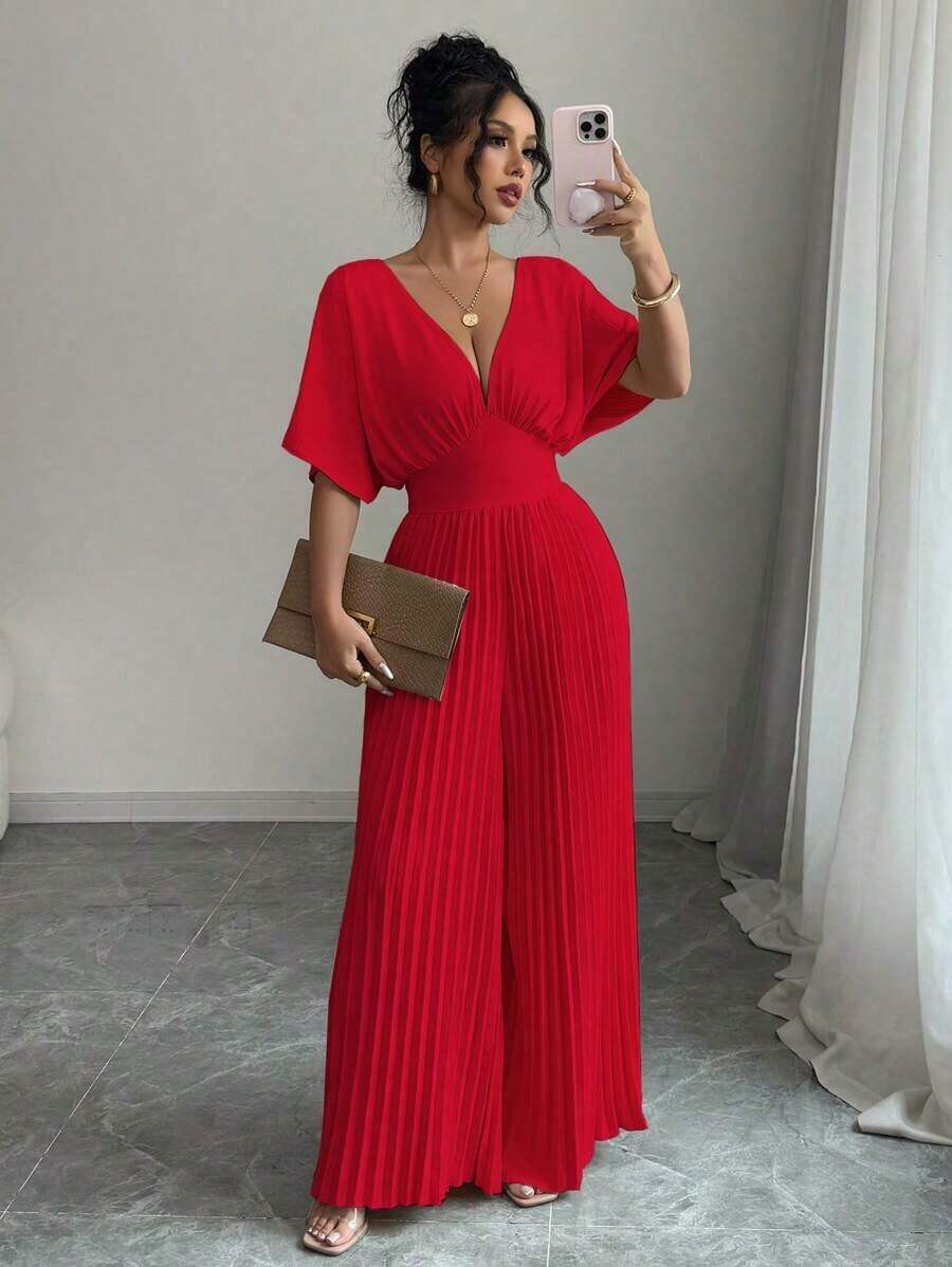 Mono de mujer elegante con cuello en V profundo, mangas tipo murciélago y plisados, de unicolor - Rojo - Ver 1