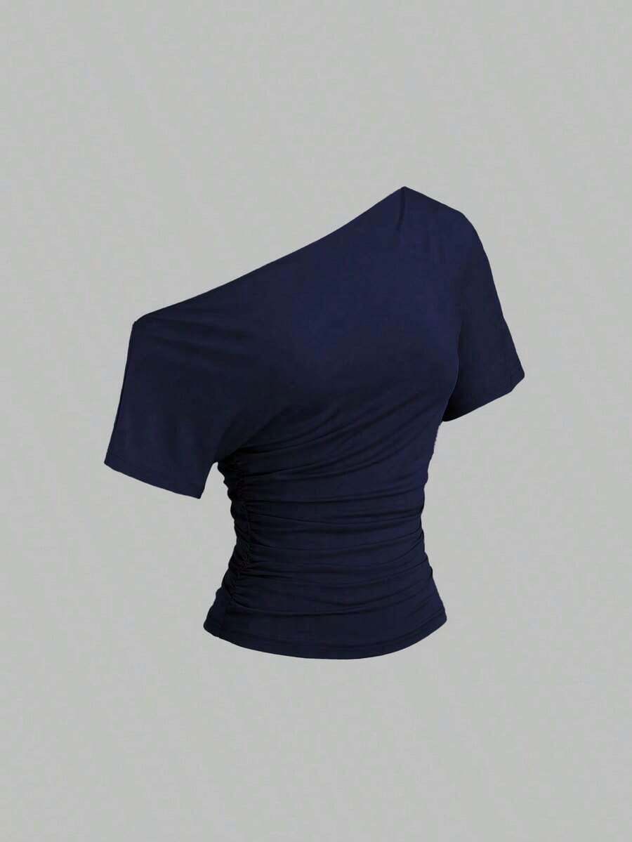 Nueva camiseta casual de primavera/verano para mujer, de estilo elegante y chic de la calle, con hombro asimétrico, ajuste delgado, deportiva, versátil y cómoda - Azul marino - Ver 1