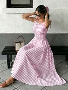 Vestido maxi a cuadros marrones 2026 para mujer, con tirantes de lazo y cintura fruncida con volantes, estilo minimalista casual y perfecto para vacaciones y uso diario - Rosa Pálido - Ver 5