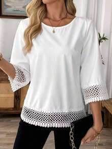 Blusa blanca elegante de talla grande para mujer con adorno de encaje a crochet, de longitud regular para primavera - Blanco - Ver 5
