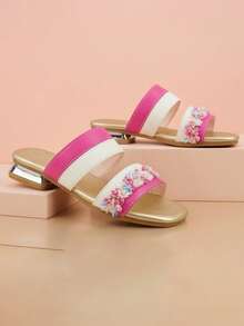 Sandalias planas con flecos de color rosa intenso y blanco crema para niñas de 3 a 12 años, adecuadas para la escuela, fiestas y estilo dulce de niña - Multicolor - Ver 5