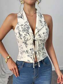 camisa sin mangas para ir al trabajo y de vacaciones con cuello vuelto, lazo y estampado floral 3D, color azul - Albaricoque - Ver 3