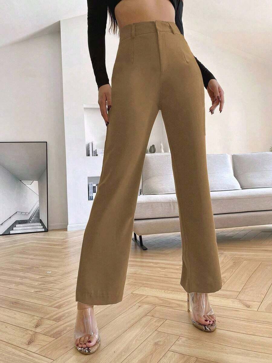 Pantalones rectos casuales lisos para mujer, para uso diario en otoño/invierno - Marrón - Ver 1
