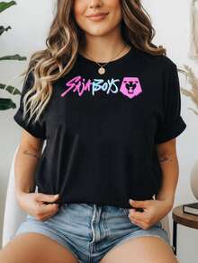 1 Piece 180g Women's Cotton Shirt, Oversized Short Sleeve Round Neck With Print For Daily And Street Wear, Designed By Y2K Artists In The Bababask Style - 黑色10 - 查看 6