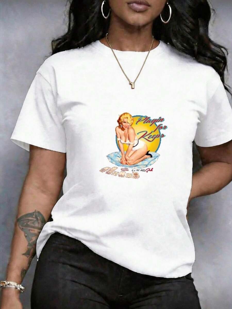 Camiseta cómoda para Mujer Estampado de Dibujos Animados mujer pin-up, cartas y cojín, de manga corta, Cuello Redondo, Talla Grande, en diseño vintage casual para primavera y verano, ropa de moda para mujer, ideal para Juego y uso diario, prenda versátil Secado Rápido, cómodas y de ajuste natural para uso diario - Blanco - Ver 1