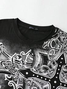 ROMWE MEN Street Life Primavera/Verano, Camiseta Casual de Manga Corta para Hombre con Estampado Gráfico Vintage de Silueta Urbana, Estilo Años 2000 - Negro - Ver 2