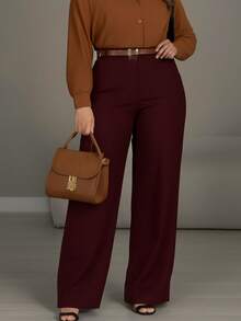 Women's Wide Leg Tailored Style Pantaloons With High Waist, Simple Zipper, Pocket, PP To GG, Office, Formal Night And Nighttime, Modern Winter, Premium Sensory Fabric - 酒紅色 - 查看 2
