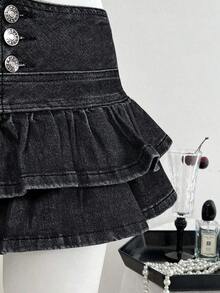Falda de mezclilla de moda para mujer con diseño de cintura con botones y dobladillo con doble volante - Negro - Ver 3