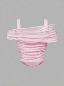 Top de chaleco de unicolor cubierto por una manga abullonada de malla color albaricoque para mujer - Rosa - Ver 6