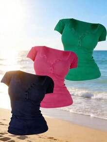 3 piezas Camisetas de manga corta casuales y versátiles de unicolor con pliegues para mujer - Multicolor 4 - Ver 7