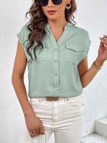 Camisa casual de mujer de unicolor con cuello en V, abotonadura sencilla y bolsillo - verde menta - Ver 4