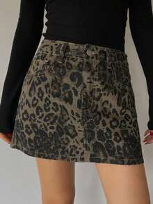 Falda vaquera casual con botones delanteros y bolsillos con estampado de leopardo - Marrón 6 - Ver 2
