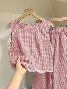 Frenchy Conjunto de 2 piezas de top sin mangas de cuello redondo a cuadros y pantalones para mujer - Marrón - Ver 3