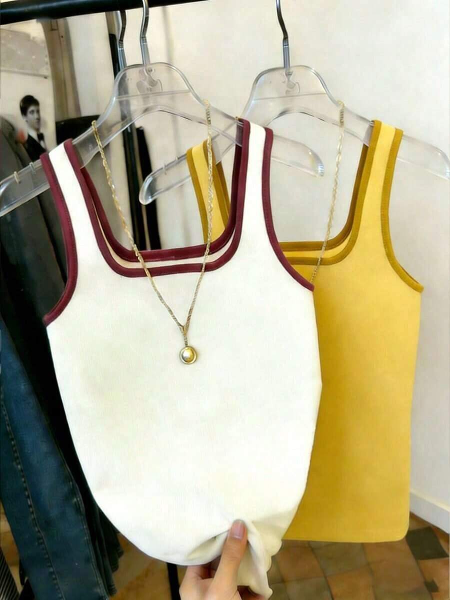 Mejor vendido top de mujer ajustado de cuello redondo con contraste de color - Multicolor 2 - Ver 1