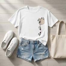 Camiseta de manga corta con cuello redondo para mujer talla grande, con estampado de cuerda de escalada de panda de dibujos animados, de estilo japonés, fresca, linda y divertida. Suave y adorable, de moda para primavera y verano, adecuada para uso casual diario, ir al trabajo, la escuela, citas y salidas. Blanco - Multicolor - Ver 7