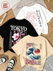 Set de Prenda individual, no un conjunto de 3 piezas, 1 piezas/set de camisetas de manga suitable for streetwear, Top oversized cuello redondo daily outings, camping, concerts, hip-hop, rock, and rap events versatile, suitable for streetwear, daily outings, camping, concerts, hip-hop, rock, and rap events estilo de verano Camiseta de manga corta de cuello redondo con estampado de paisaje de sakura, Parte superior versátil para mujer - Negro - Ver 1