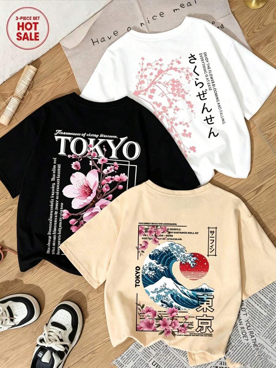 Set de Prenda individual, no un conjunto de 3 piezas, 1 piezas/set de camisetas de manga suitable for streetwear, Top oversized cuello redondo daily outings, camping, concerts, hip-hop, rock, and rap events versatile, suitable for streetwear, daily outings, camping, concerts, hip-hop, rock, and rap events estilo de verano Camiseta de manga corta de cuello redondo con estampado de paisaje de sakura, Parte superior versátil para mujer - Negro - Ver 1