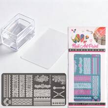 Bộ dụng cụ dập móng họa tiết ren + khuôn dập hình vuông trong suốt, bao gồm khuôn dập hình chữ nhật bằng thạch kèm dụng cụ gạt. Độ trong suốt cao, có thể lau sạch bằng cồn, dễ sử dụng để tạo kiểu móng ren tại nhà. - Nhiều màu - Xem 16