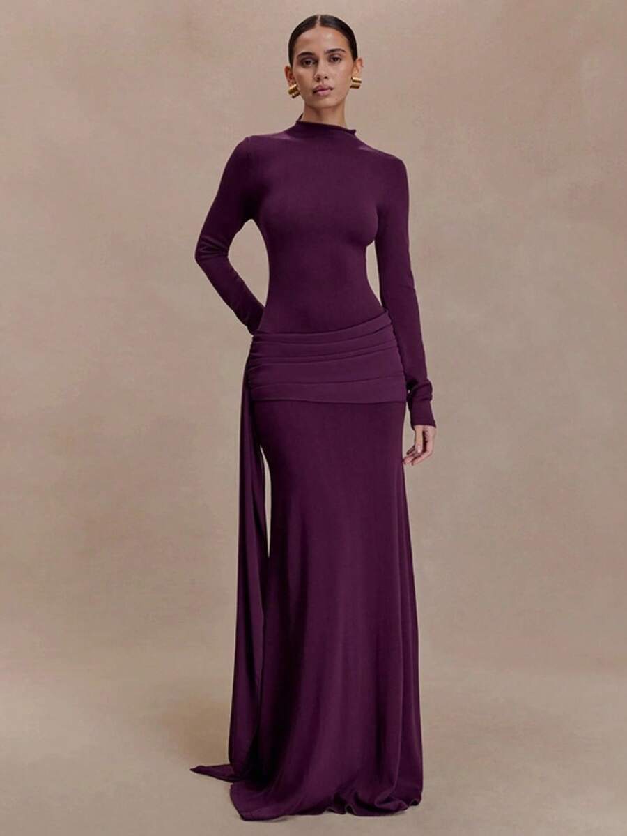 Vestido otoño-invierno cuello alto manga larga con cintas plisado ajustado estilo elegante moda europea para mujer - Morado - Ver 1