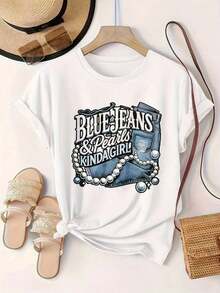 Women's Casual Short Sleeve T-Shirt - Blue Jeans And Pearls Kinda Girl Style, Round Neck, Summer Top, Machine Washable, Ladies' T-Shirts, Casual Wear, Modern Look, Comfortable Fit

Black - 白色 - 查看 2