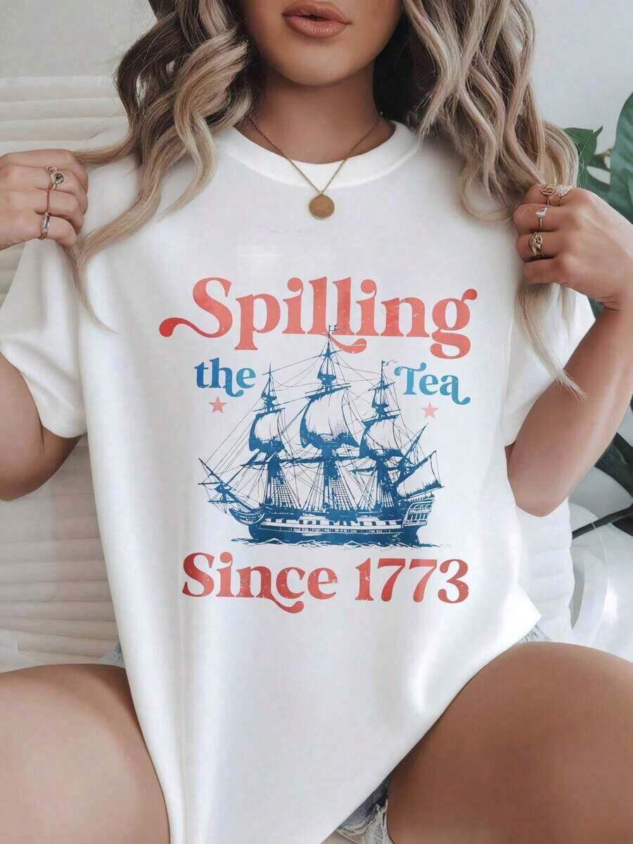 Spilling The Tea Since 1773 Camiseta Casual de Mujer con Estampado de Barco, Adecuada para Todas las Temporadas
-Blanco - Blanco - Ver 1