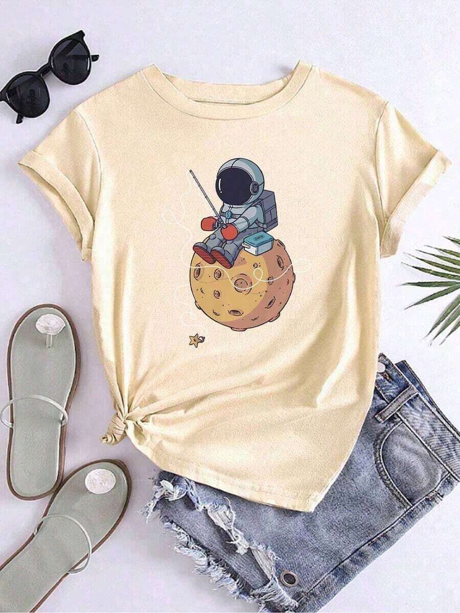 Camiseta de manga corta para mujer con cuello redondo y estampado Astronauta PescandoPure-Cotton - Albaricoque - Ver 1