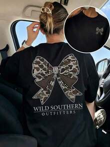 Women's T-Shirt With "Wild Shern Fitters" Bow Print, Loose Fit, Round Neck, Short Sleeves, Flirty Style, Shern Style Top, Ideal For Parties With Friends And Family, Holidays, Breathable And Comfortable For Women. - 黑色 - 查看 11