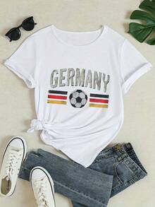 Women's Crew Neck T-Shirt With German Flag And Football Print, Limited Edition - Loose Fit, Short Sleeve, Casual Style, Suitable For Spring, Summer And Autumn, Machine Washable Activewear. | Comfortable And Loose Fit, Lightweight Cotton - 白色 - 查看 3