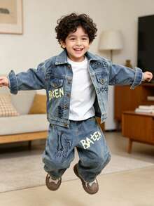 2pcs/Set Boys Casual Denim Jacket And Jeans Outfit Set, Loose Fit Suitable For Daily, School, Outdoor Wear, Autumn - Baby Blue - View 4