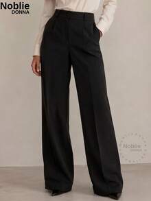 Set Of 2 Tailored Wide Leg High-Waisted Palazzo Pants, Elegant, With Front Button - 1 BLACK 1 WINE - View 3