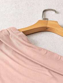 Conjunto de top plisado de hombro de color marrón sólido y elástico para uso casual y pantalones blancos de cintura elástica - Rosa - Ver 5