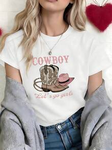 Retro Western Cowboy Let's Go Girls Graphic T-Shirt, 100% Cotton Oversized Soft Breathable Fun Tee, Casual Crewneck Short Sleeve Top For Bachelorette Parties & Nashville Trips - 白色 - 查看 3