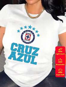 Women's Short-Sleeved T-Shirt, Round Neck, Loose Fit, Casual And Versatile, New CEMENTO CRUZ AZUL Print, Ideal As A Base Layer, Soft Fabric With Good Drape - 白色-2 - 查看 2