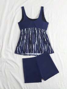 Swim Lushoire Set de 2 piezas de top de tirantes anchos con estampado de lazo en la parte delantera y diseño a rayas en blanco y negro + shorts de natación a media cintura en negro, conjunto de bikini casual simple para vacaciones - Azul marino - Ver 6