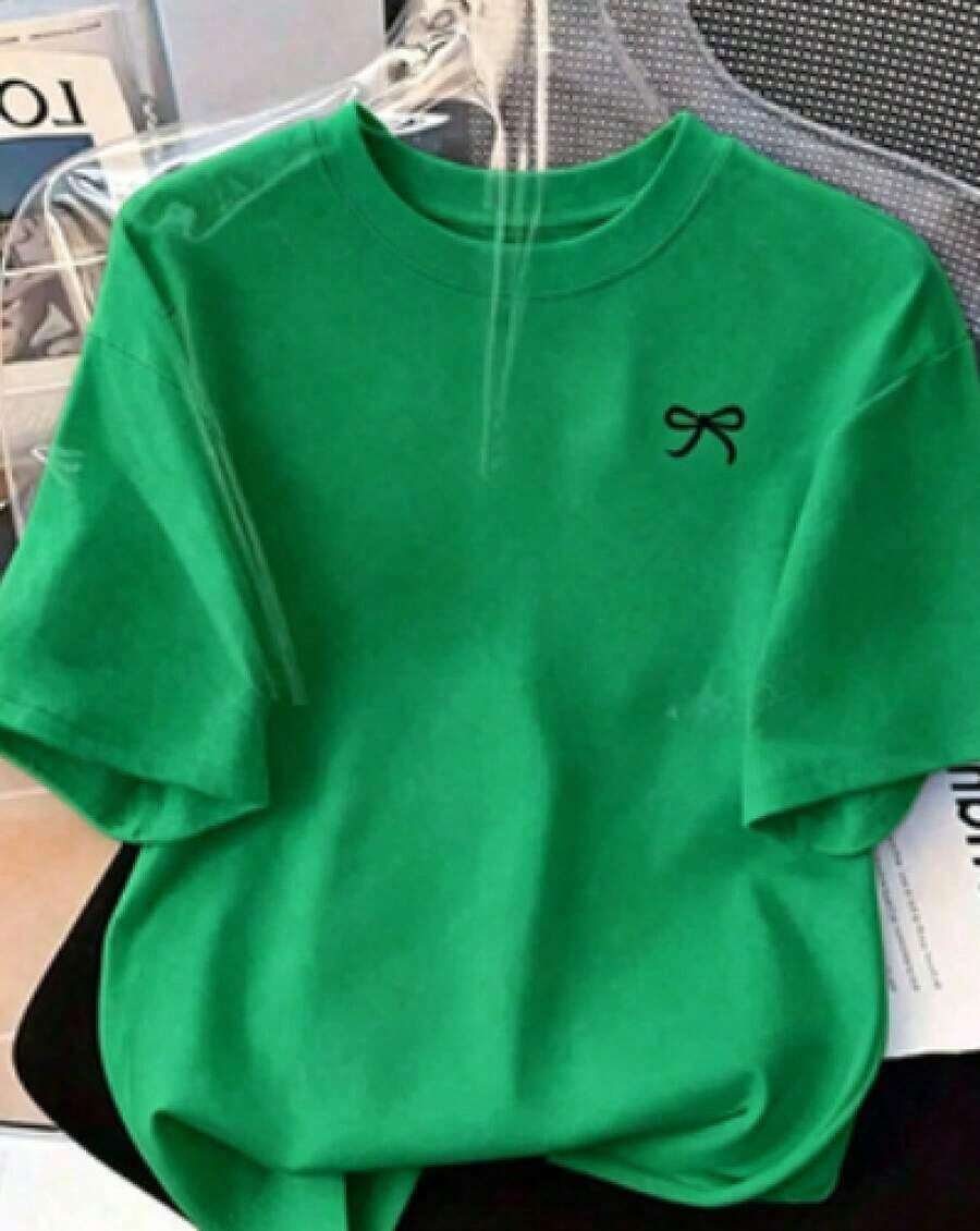 1pc Women's Fashion Loose Fit Short Sleeve T-Shirt With Bow Print And Wide Shoulders, Casual, Black, Summer New Loose And Versatile Top 100% Cotton - 綠色的 - 查看 1