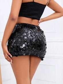 Minifalda ajustada con lentejuelas para ropa de fiesta de vacaciones - Negro - Ver 2