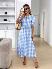 Vestido casual de fiesta a media pierna con cordones y pliegues de mujer a cuadros - Azul y blanco - Ver 3