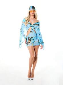 WOMEN Vestido mini de malla con estampado abstracto de acuarela, mangas de campana descubiertas del hombro, detalle de nudo delantero, para verano y playa - Azul - Ver 4