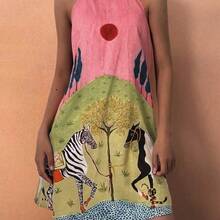 New Arrival Women's Fashion Elegant Casual Holiday Lawn Tree Sun Animal Print Sleeveless Mini Dress, Spring/Summer Party - Albaricoque - Ver 3