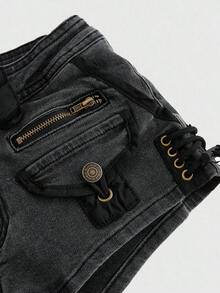 ROMWE Grunge Punk Shorts vaqueros de tiro súper bajo con parches, estilo Harajuku Gyaru Gal Y2K, de cintura súper baja y peludo - Gris Oscuro - Ver 4