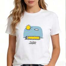 Camiseta Casual de Algodón para Mujer, Cuello Redondo, Manga Corta, con Estampado Gráfico de Sol y Batería, Ideal para Uso Diario, Moda de Alta Calidad - Blanco - Ver 3