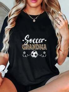 100% Cotton Plus Size - Funny Women's T-Shirt With Soccer Grandma Print - Casual Black Short-Sleeved T-Shirt With Leopard, Soccer, And Paw Print Prints, 100% Soft And Breathable, Suitable For Events, Family Gatherings, And Casual Wear, Comfortable Fit, Soccer Mom T-Shirt, Event Wear, Fun Design, Soft Fabric, Durable Print Quality - Everyday T-Shirts - 黑色 - 查看 1