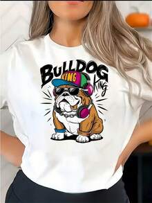 Women's Short-Sleeved T-Shirt With A Bold And Creative Puppy Print, Featuring A Round Neck And A Modern Style. This Casual And Simple Sports T-Shirt Is A Comfortable Summer Top For Women. It's A Graphic Summer T-Shirt For Women, A Casual Printed Short-Sleeved T-Shirt With A Round Neck, And A Local Spring/Summer Streetwear Style. - 白色 - 查看 8